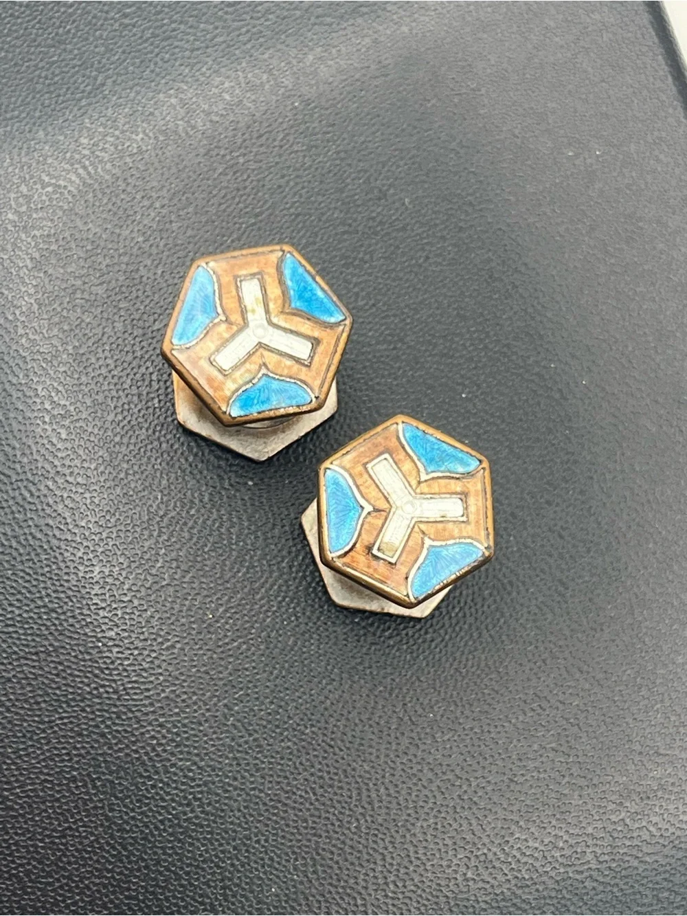Art Deco 1920’s antique geometric blue enamel cufflinks snap buttons vintage